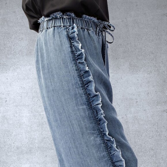 EASEL RESTOCKED! Raw Ruffle Trim Pants Elastic & Drawstring Waist & Scooped Hem - Picture 3 of 15
